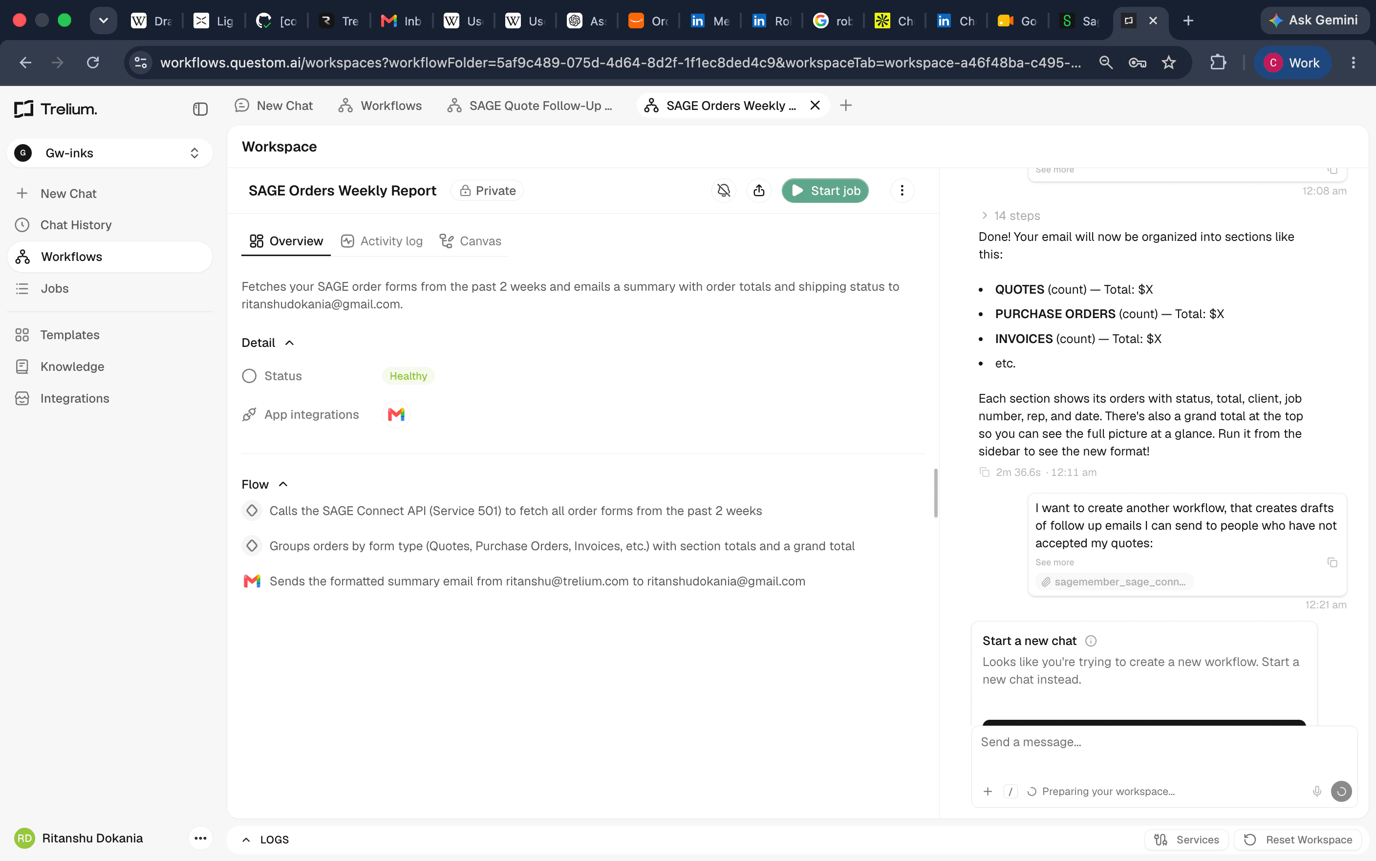Trelium SAGE Orders Weekly Report workflow using SAGE Connect Service 501 and Gmail.